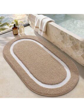 Absorbent Non-Slip Oval Bathroom Rug, Khaki Bath Mat 24"x43" for Home Decor